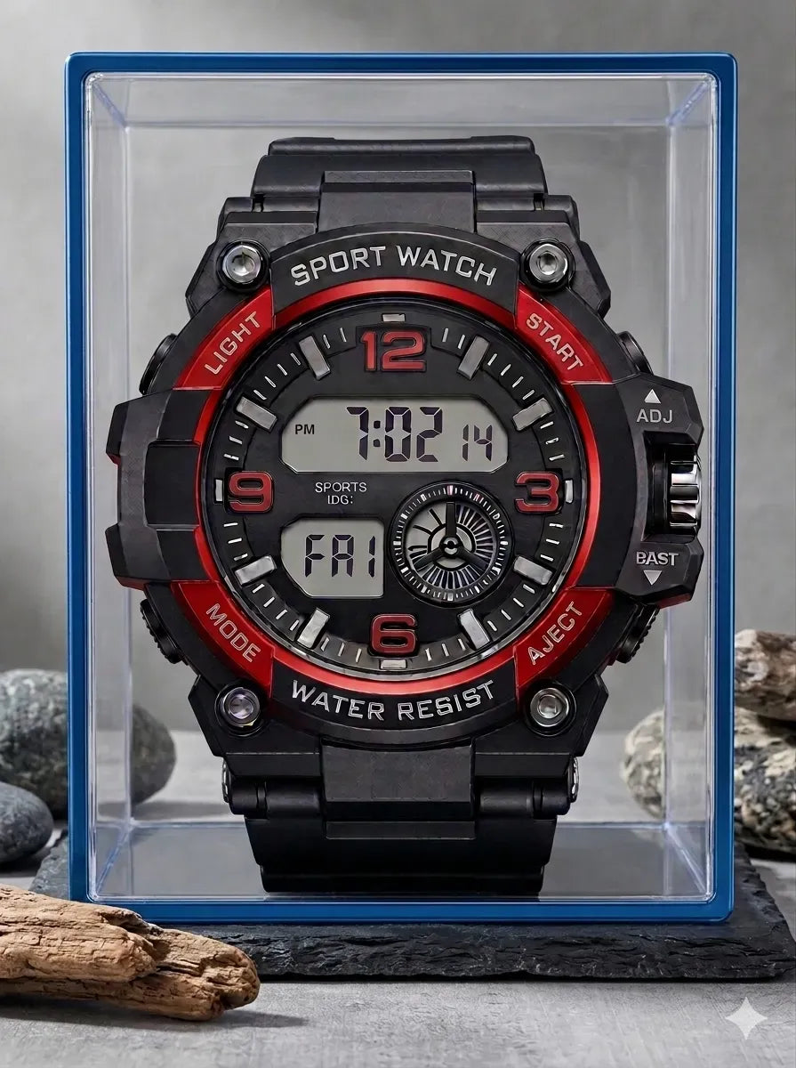 Stealth Black Digital Sports Watch for Men – Water Resistant, Shockproof LED Timepiece