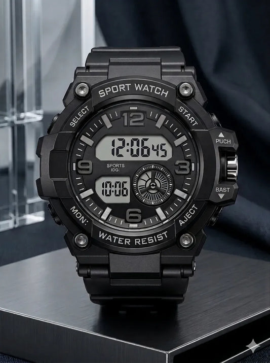 Stealth Black Digital Sports Watch for Men – Water Resistant, Shockproof LED Timepiece