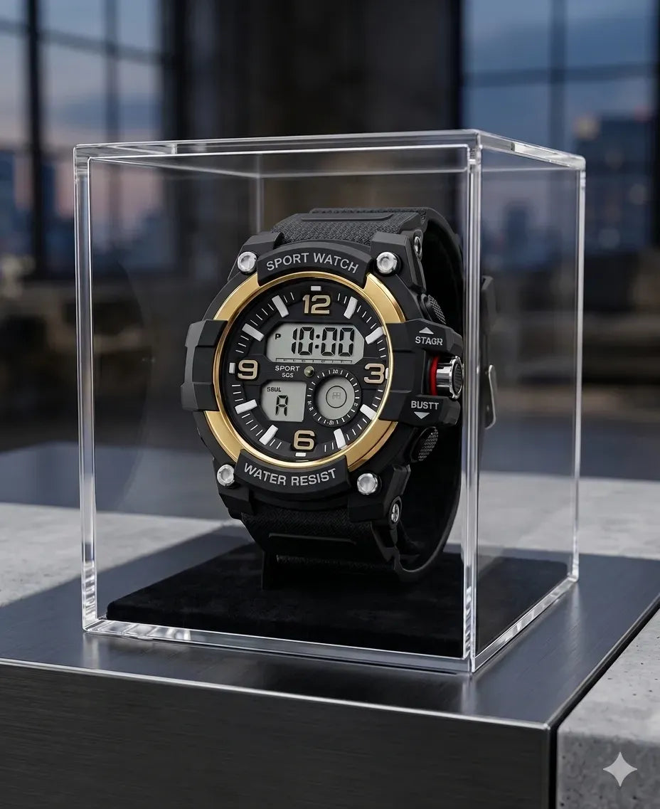 Stealth Black Digital Sports Watch for Men – Water Resistant, Shockproof LED Timepiece