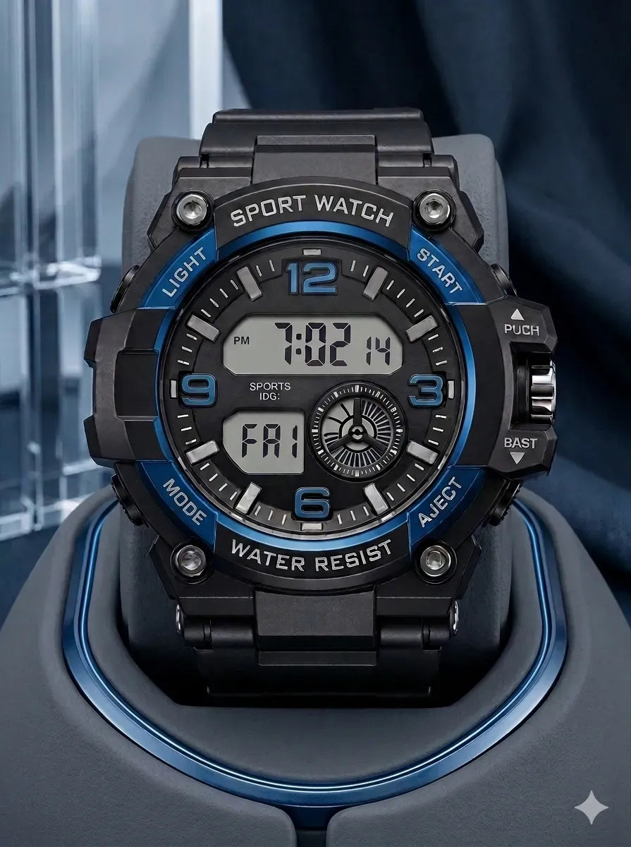 Stealth Black Digital Sports Watch for Men – Water Resistant, Shockproof LED Timepiece