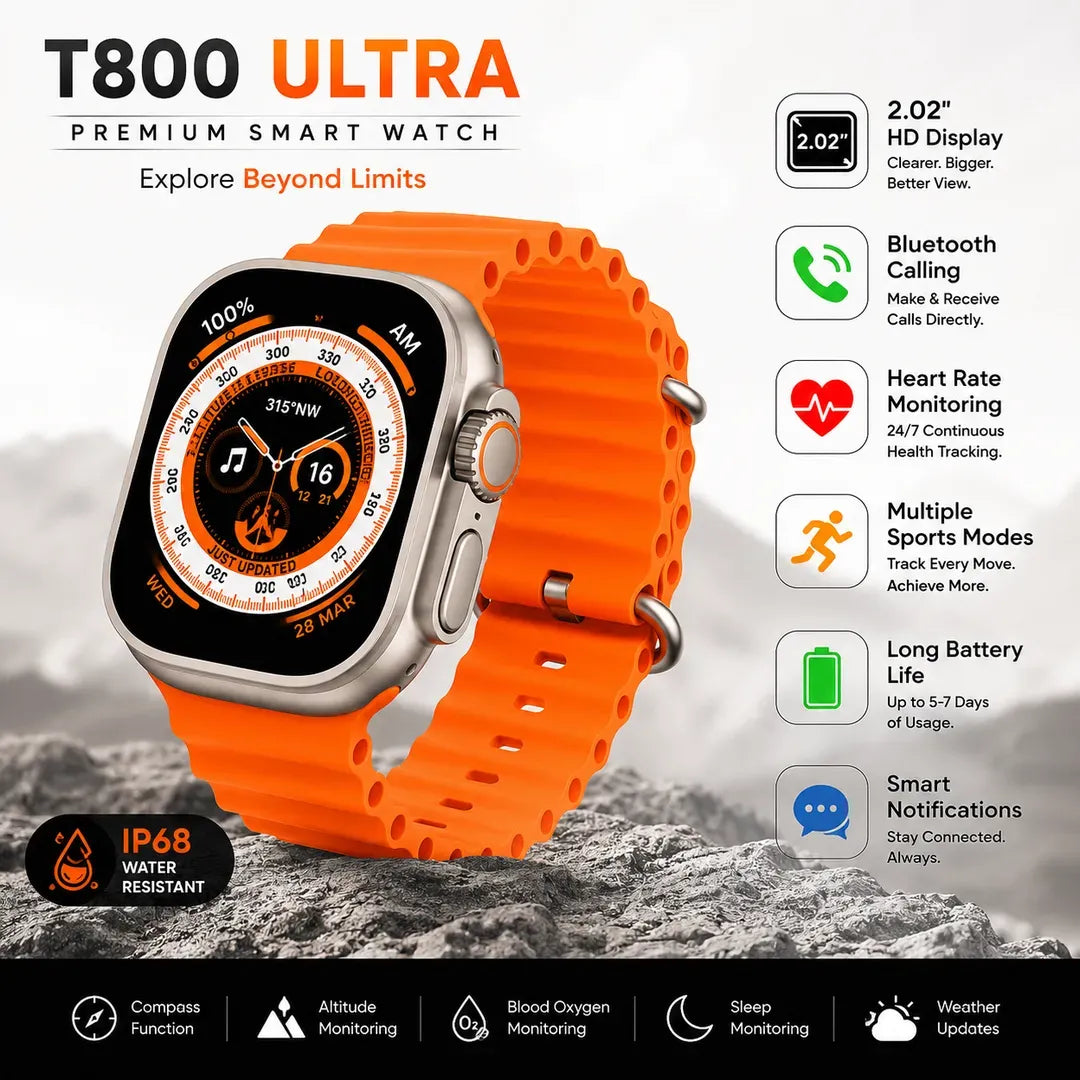 T800 Ultra Series Smart Watch – 2.0" HD Screen, Bluetooth Calling | Sporty Orange Edition