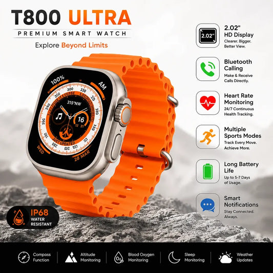 T800 Ultra Series Smart Watch – 2.0" HD Screen, Bluetooth Calling | Sporty Orange Edition